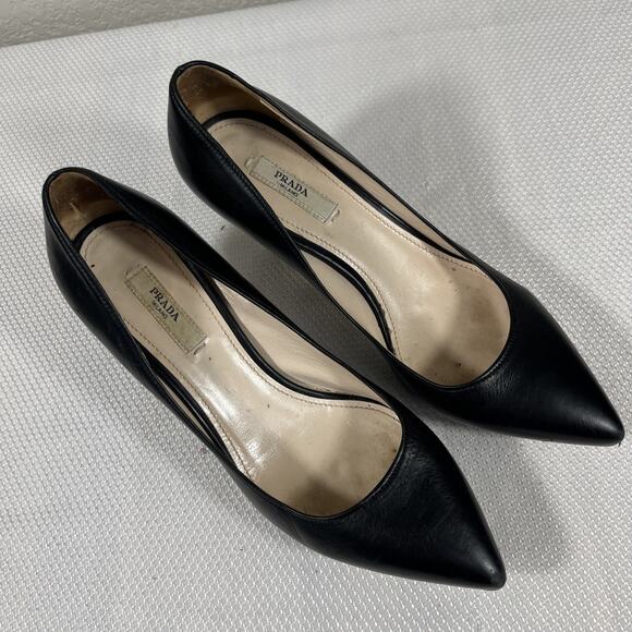 Prada Black Leather Pointed Toe Platform Pumps Size 37.5 US 7 - Picture 1 of 13